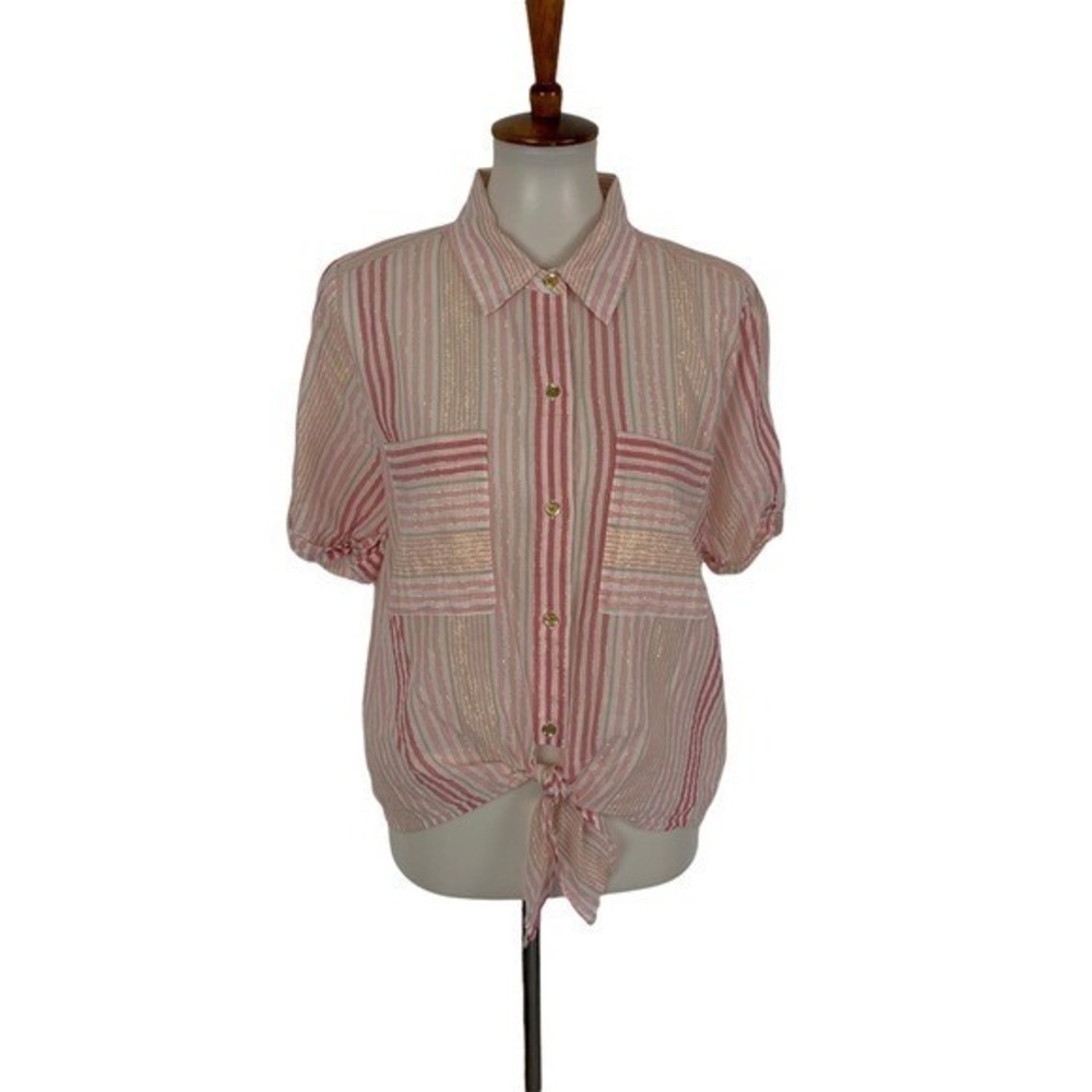 Michael Kors Large Pink White Striped Metallic Tie Front Short Sleeve Blouse Top